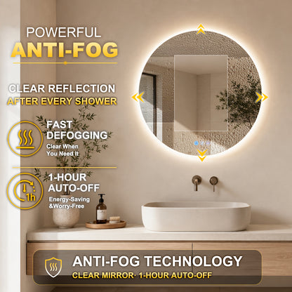 Gloviea Round LED Bathroom Mirror | Front &amp; Backlit | Full Frosted Edge, Anti-Fog, Motion Sensor