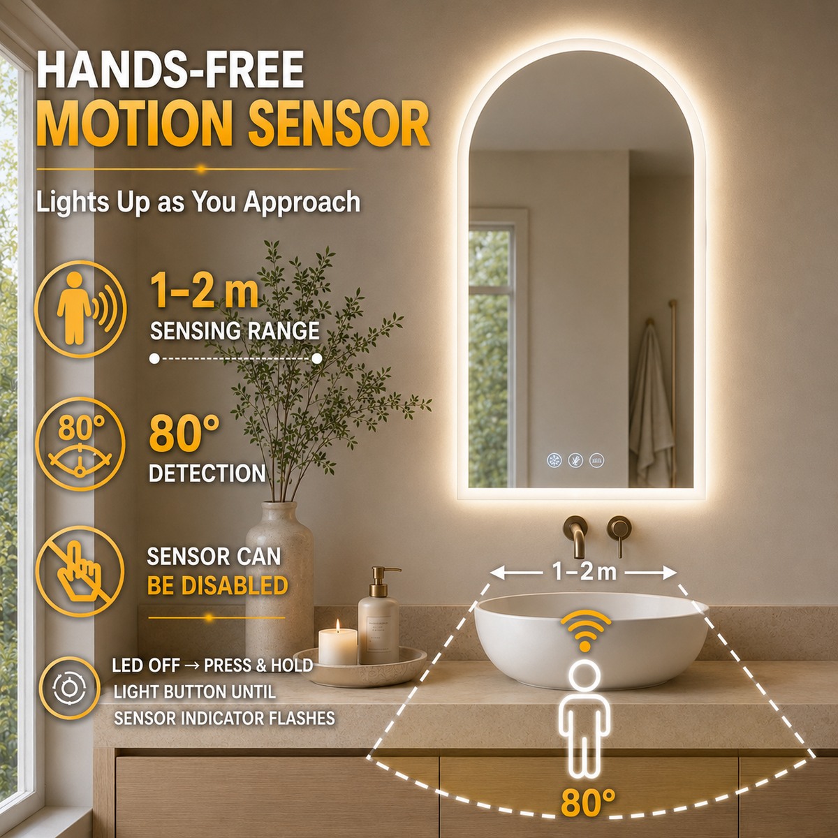 Gloviea Arched LED Bathroom Mirror – Full Frosted Edge | Front Glow + Backlit, Anti-Fog & Motion Sensor