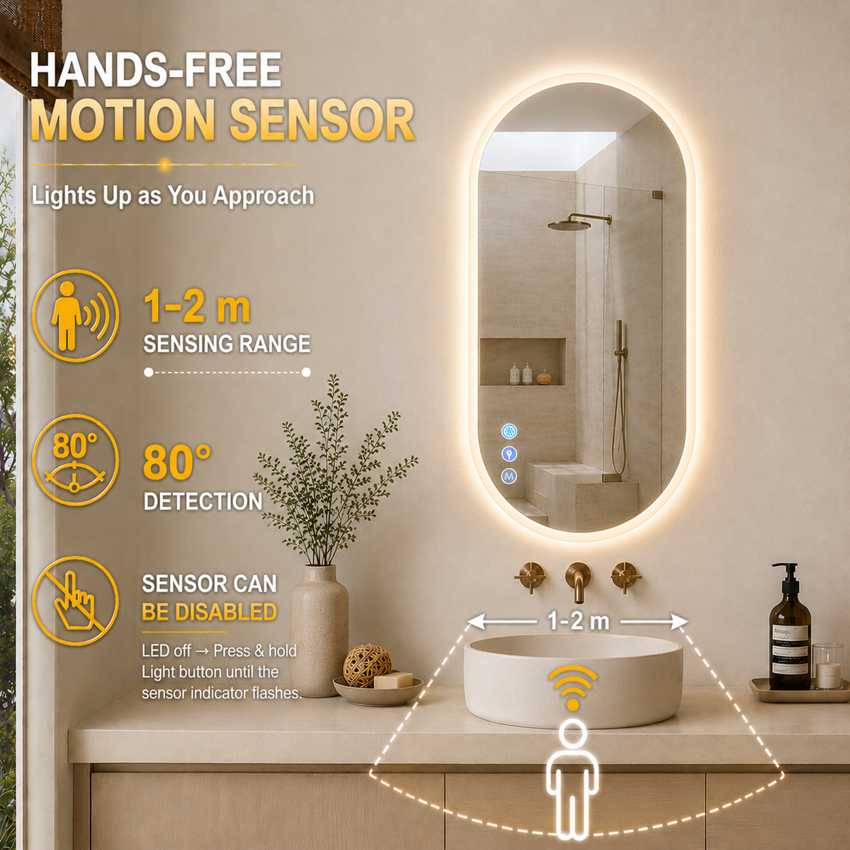Gloviea Oval LED Bathroom Mirror | Front & Backlit | Polished Edge, Anti-Fog, Motion Sensor