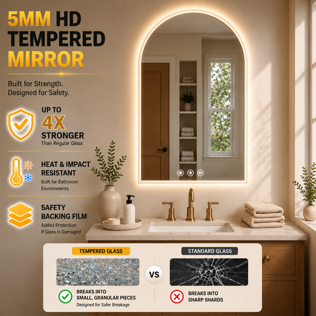 Gloviea Arched LED Bathroom Mirror – Full Frosted Edge | Front Glow + Backlit, Anti-Fog & Motion Sensor