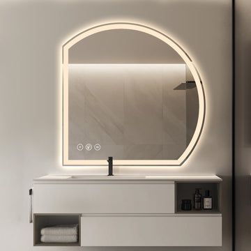 Miroir intelligent LED semi-circulaire Gloviea avec lumières, luminosité réglable et graduable, capteur de mouvement, anti-buée, fonction mémoire, design rétroéclairé avant et arrière (découpe droite/gauche)