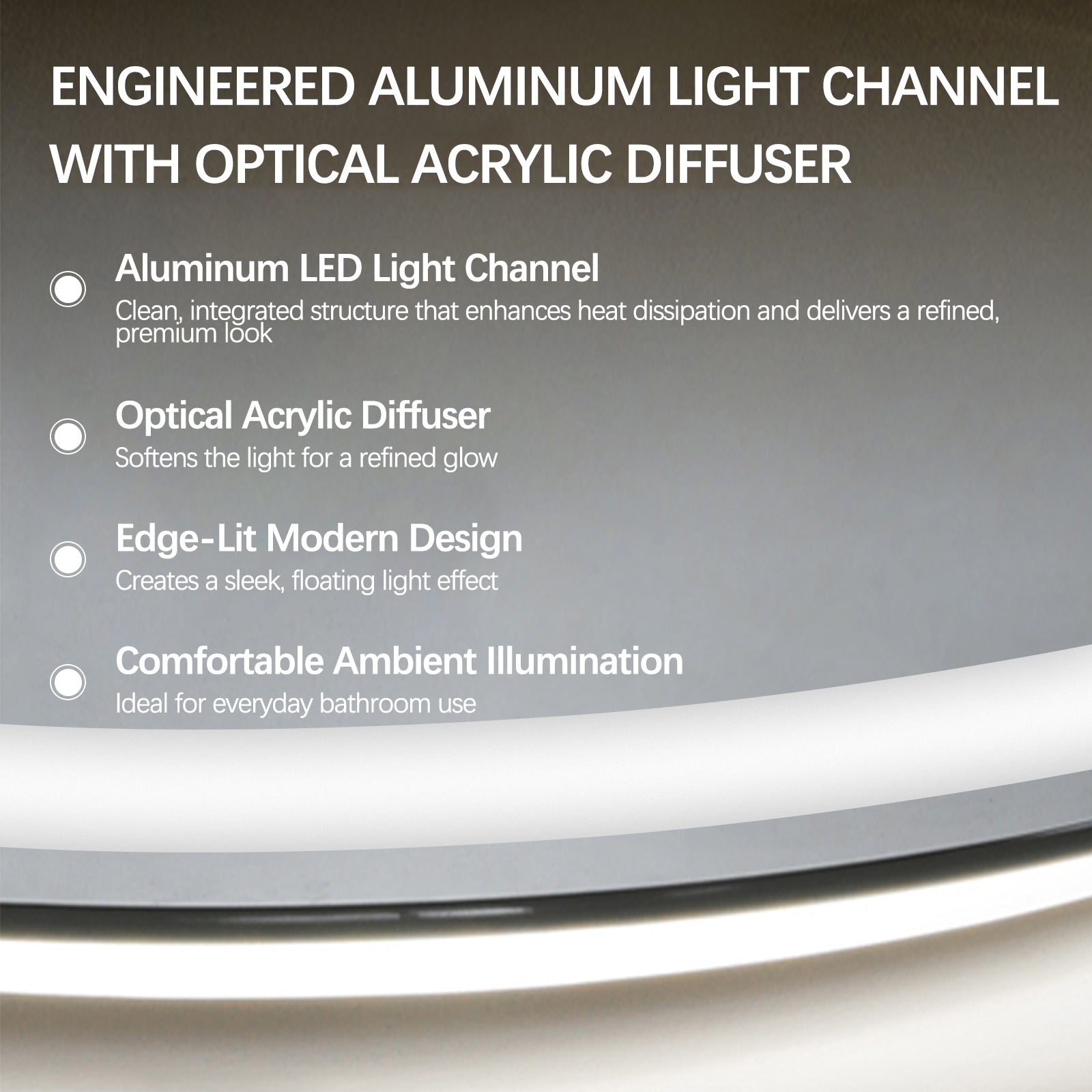 Miroir intelligent LED semi-circulaire Gloviea avec lumières, luminosité réglable et graduable, capteur de mouvement, anti-buée, fonction mémoire, design rétroéclairé avant et arrière (découpe droite/gauche)