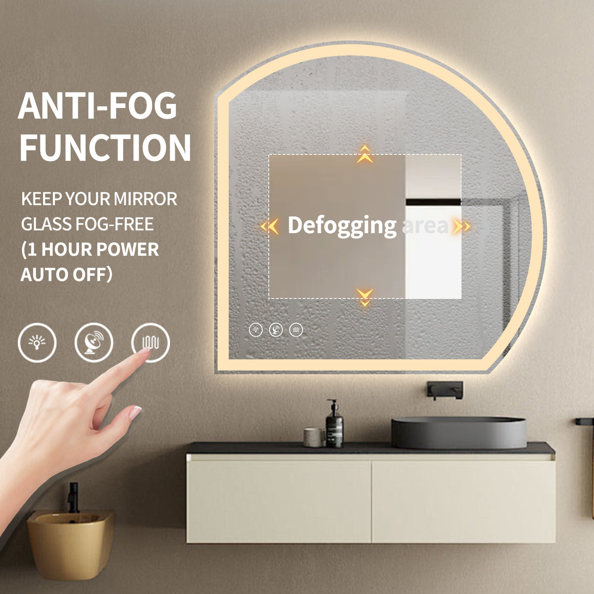 Gloviea Semi-Circle LED Bathroom Mirror | Front &amp; Backlit, Anti-Fog, Motion Sensor