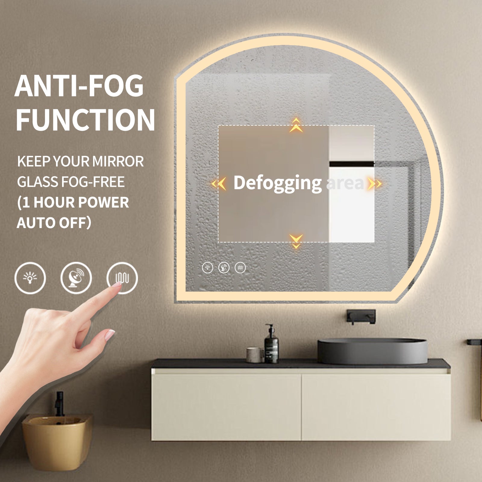 Miroir intelligent LED semi-circulaire Gloviea avec lumières, luminosité réglable et graduable, capteur de mouvement, anti-buée, fonction mémoire, design rétroéclairé avant et arrière (découpe droite/gauche)
