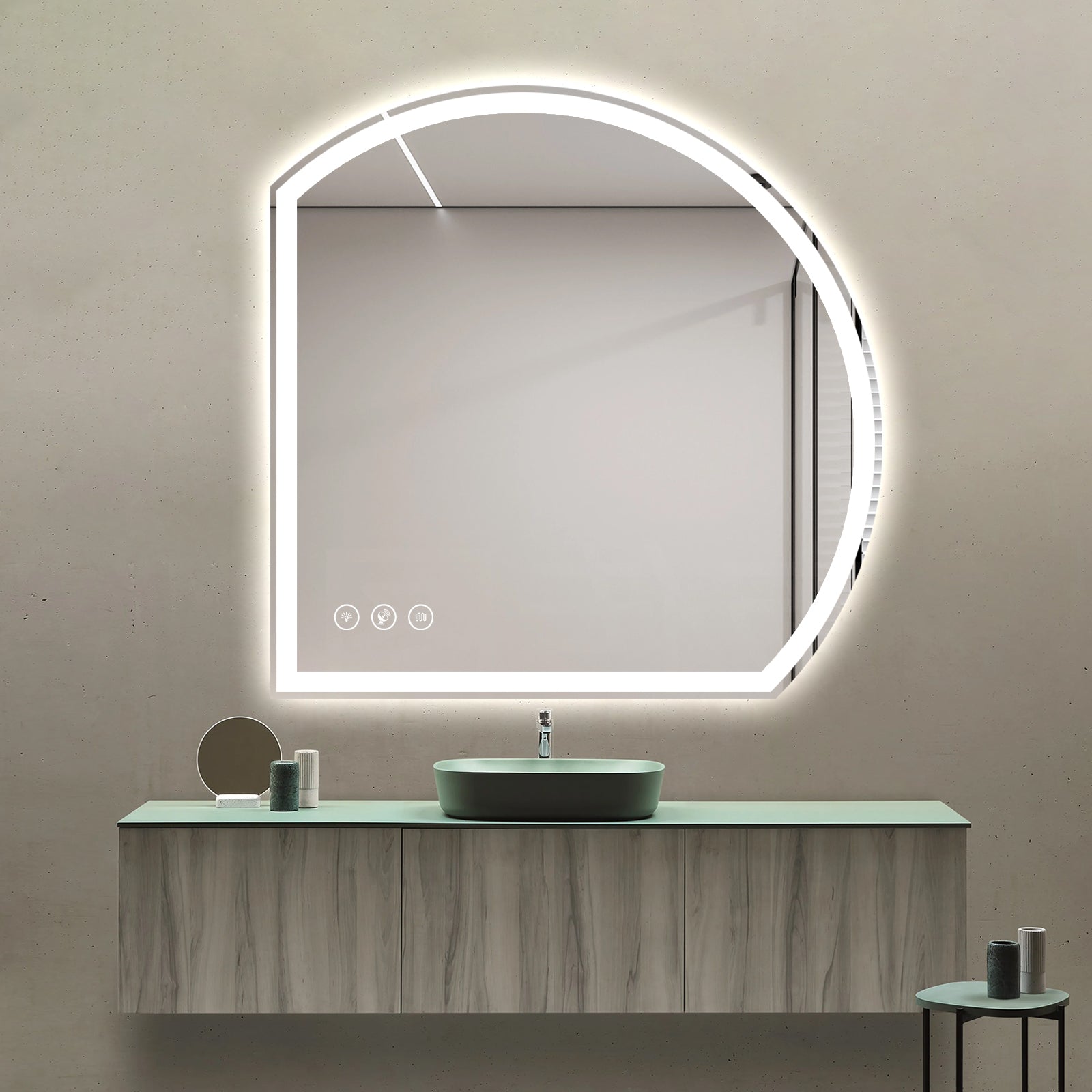 Miroir intelligent LED semi-circulaire Gloviea avec lumières, luminosité réglable et graduable, capteur de mouvement, anti-buée, fonction mémoire, design rétroéclairé avant et arrière (découpe droite/gauche)