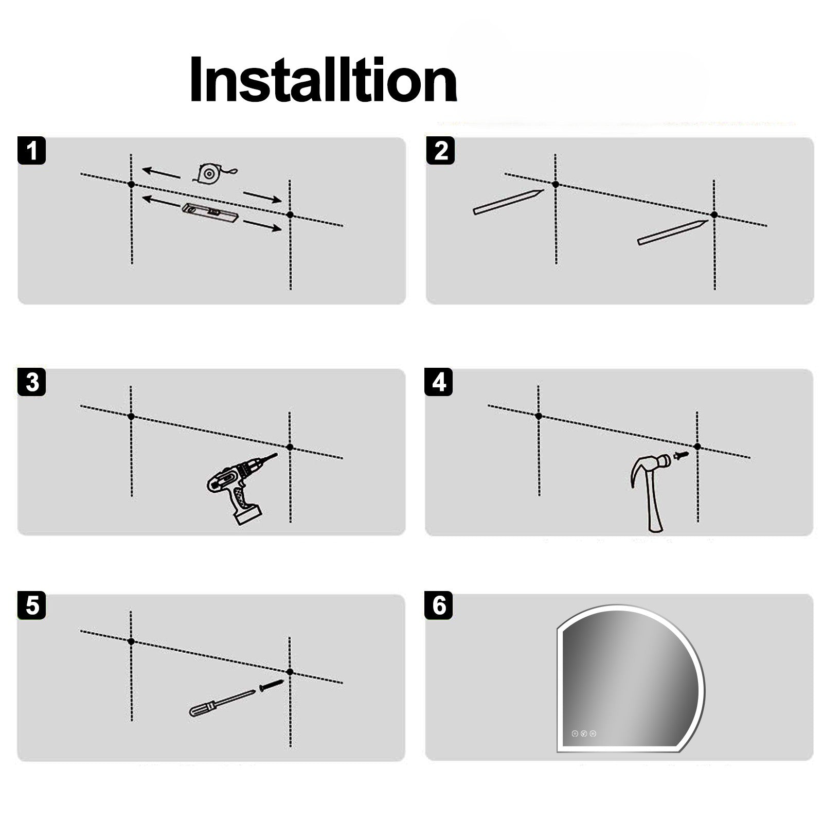 Miroir intelligent LED semi-circulaire Gloviea avec lumières, luminosité réglable et graduable, capteur de mouvement, anti-buée, fonction mémoire, design rétroéclairé avant et arrière (découpe droite/gauche)