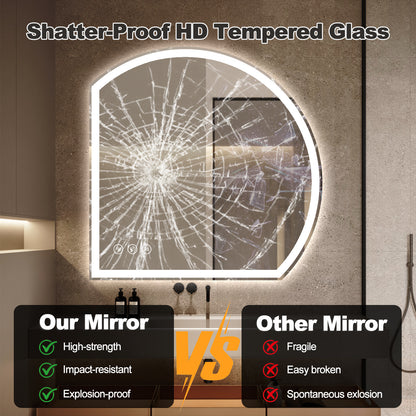 Gloviea Semi-Circle LED Bathroom Mirror | Front &amp; Backlit, Anti-Fog, Motion Sensor