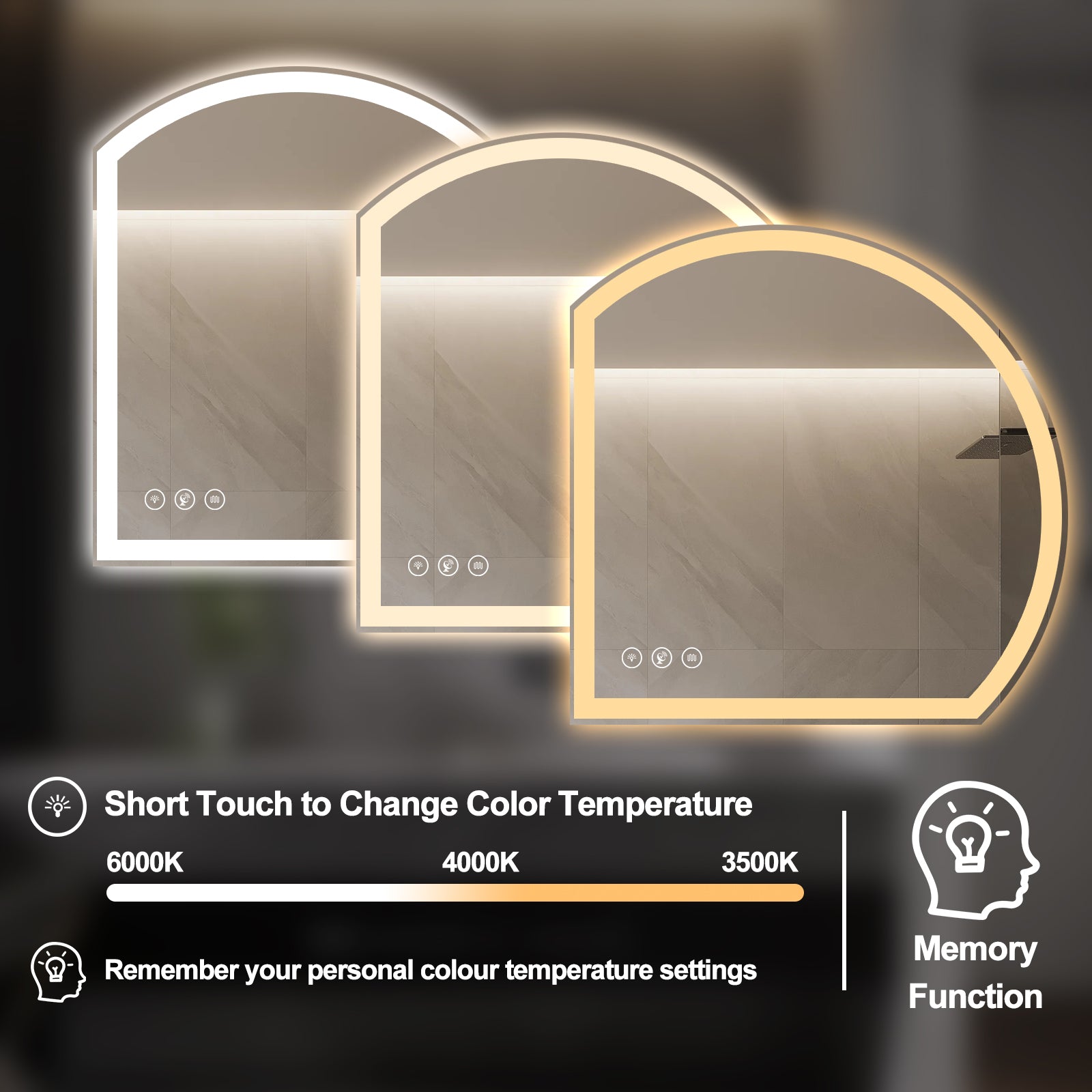 Miroir intelligent LED semi-circulaire Gloviea avec lumières, luminosité réglable et graduable, capteur de mouvement, anti-buée, fonction mémoire, design rétroéclairé avant et arrière (découpe droite/gauche)