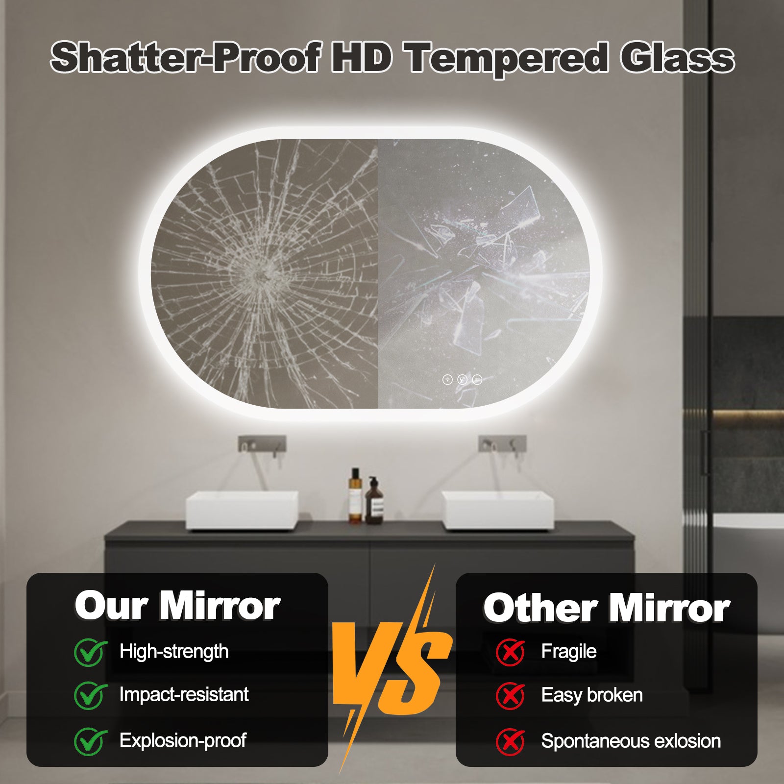 Miroir intelligent ovale LED Gloviea avec éclairage, intensité et luminosité réglables, capteur de mouvement, fonction antibuée, fonction mémoire, éclairage avant et arrière