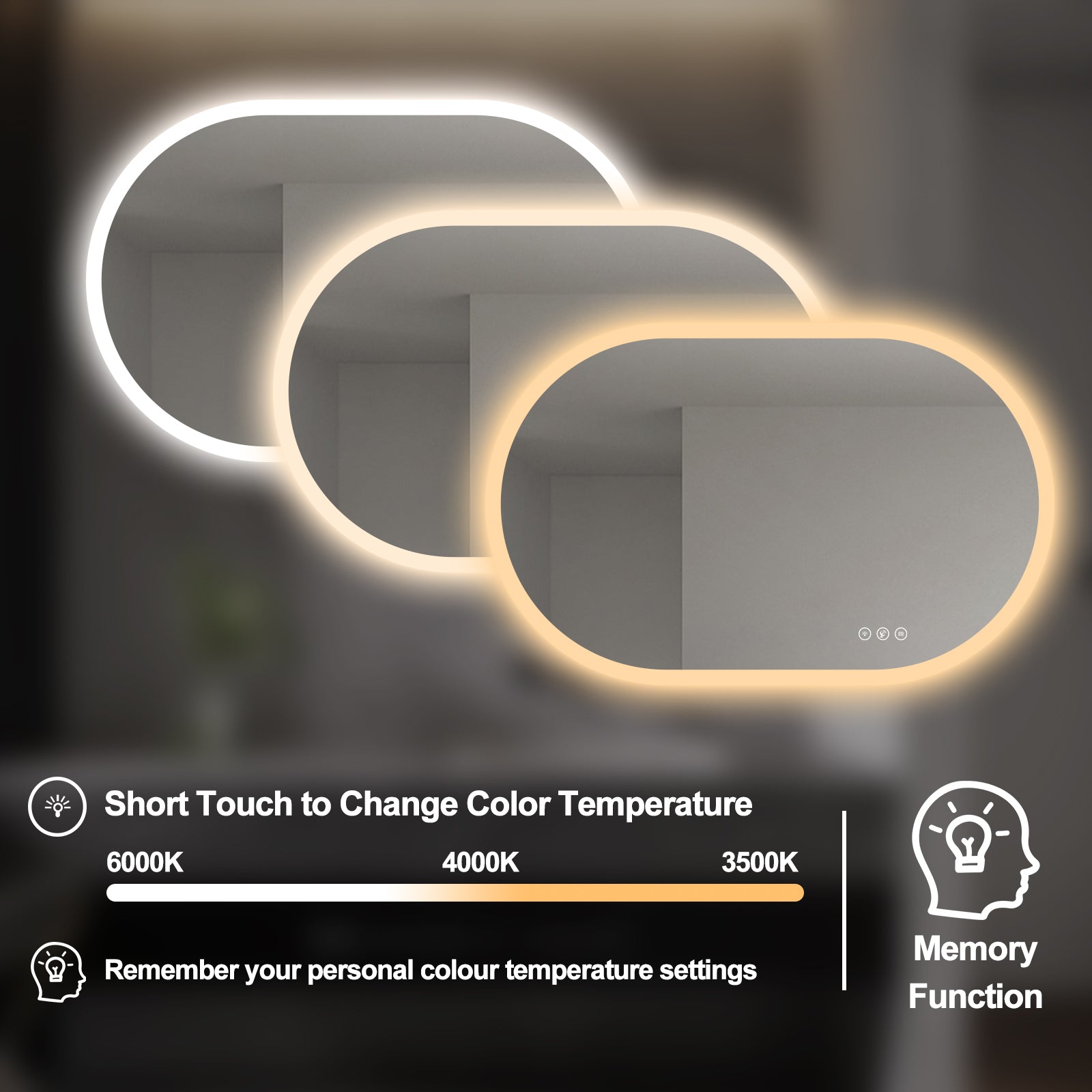 Miroir intelligent ovale LED Gloviea avec éclairage, intensité et luminosité réglables, capteur de mouvement, fonction antibuée, fonction mémoire, éclairage avant et arrière