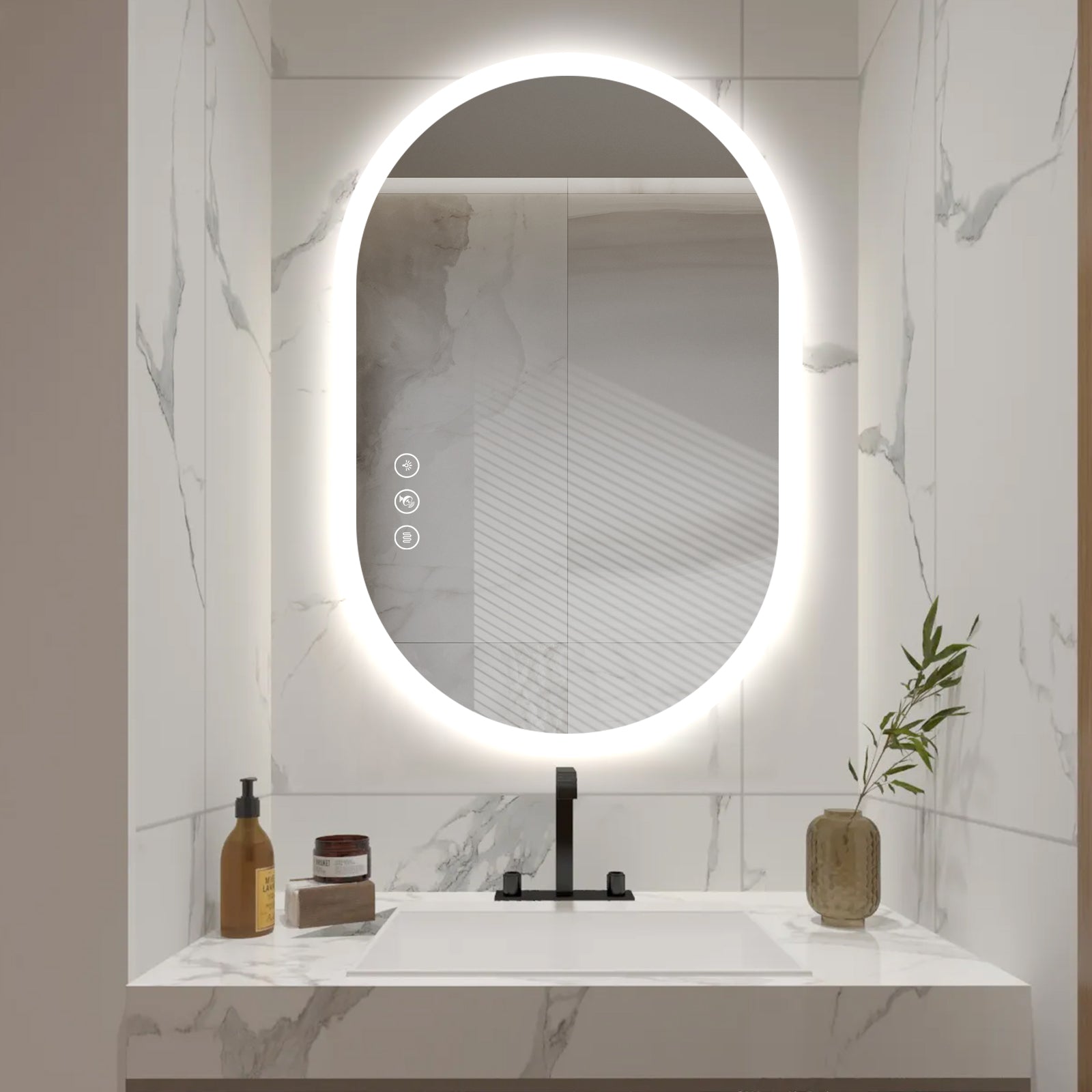 Miroir intelligent ovale LED Gloviea avec éclairage, intensité et luminosité réglables, capteur de mouvement, fonction antibuée, fonction mémoire, éclairage avant et arrière
