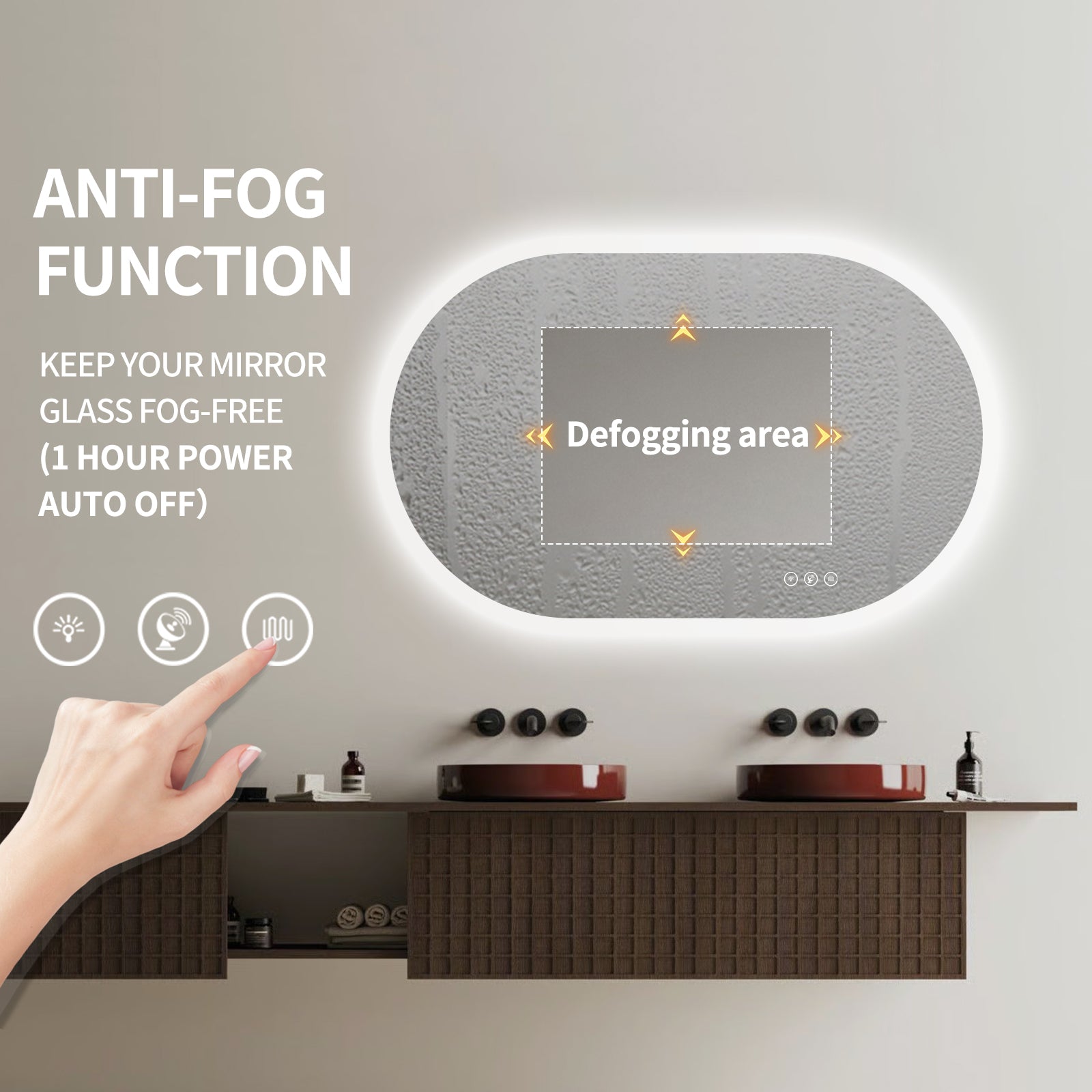 Miroir intelligent ovale LED Gloviea avec éclairage, intensité et luminosité réglables, capteur de mouvement, fonction antibuée, fonction mémoire, éclairage avant et arrière