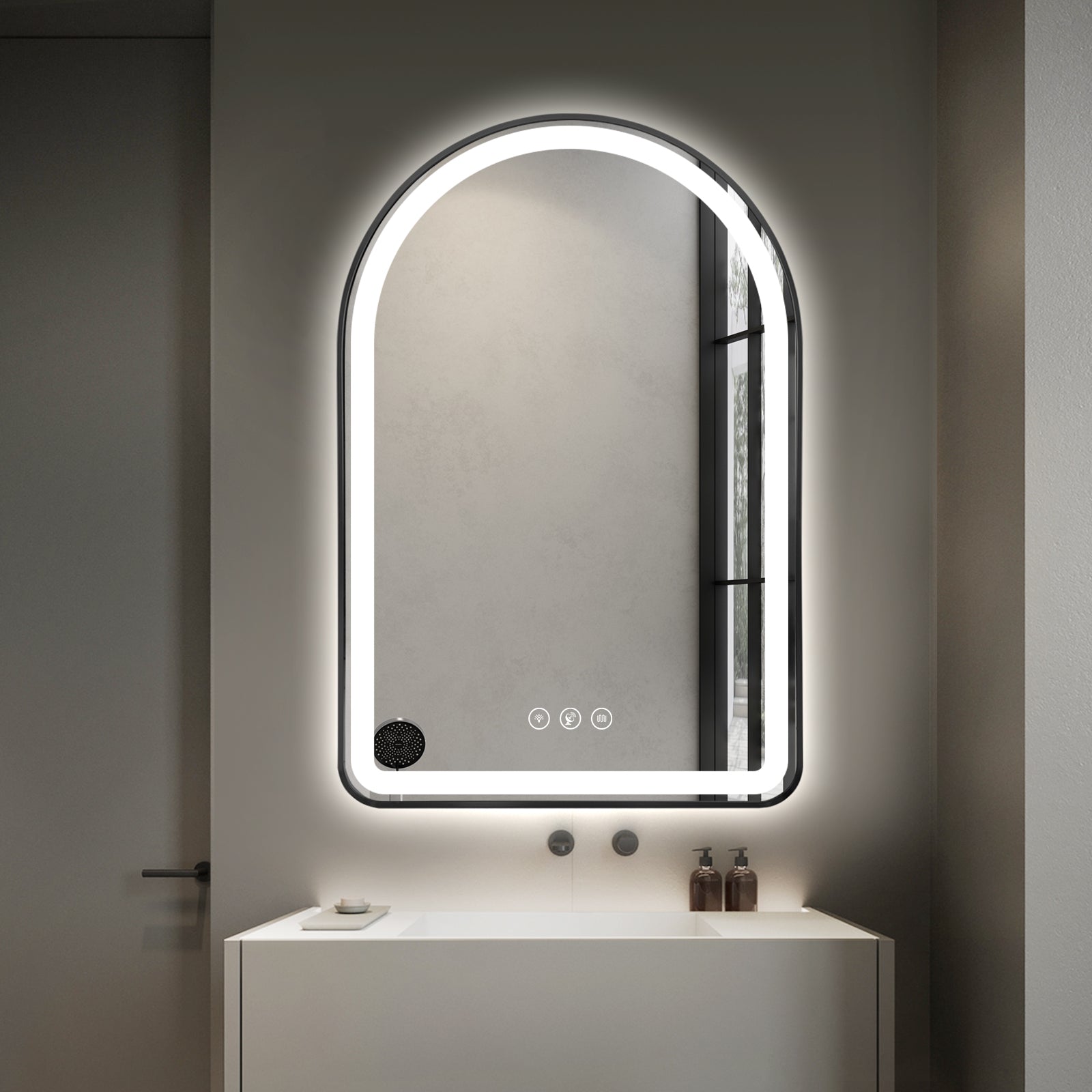Miroir intelligent Gloviea avec cadre noir brossé et éclairage LED intégré, intensité réglable, capteur de mouvement, anti-buée, fonction mémoire, éclairage avant et arrière