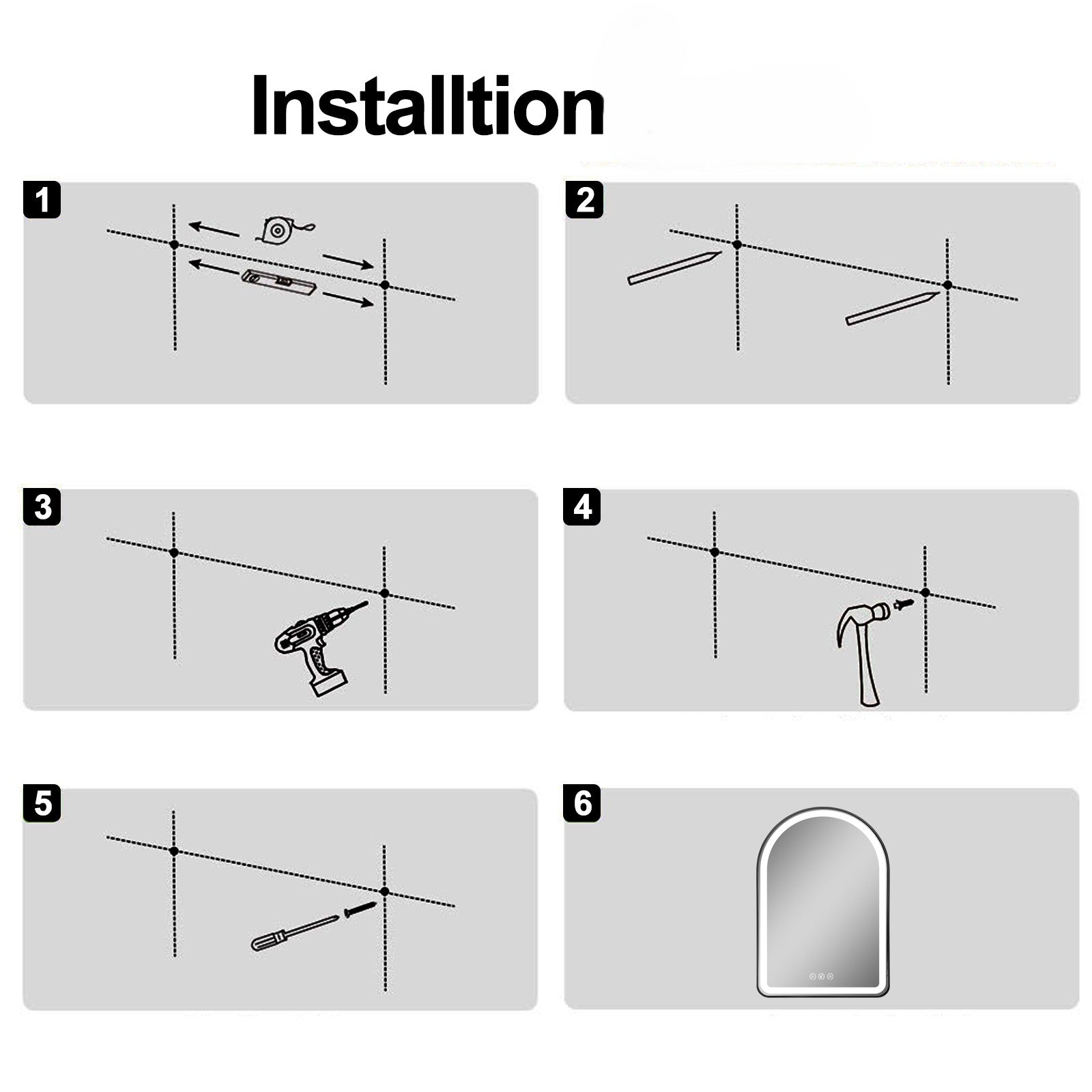 Miroir intelligent Gloviea avec cadre noir brossé et éclairage LED intégré, intensité réglable, capteur de mouvement, anti-buée, fonction mémoire, éclairage avant et arrière