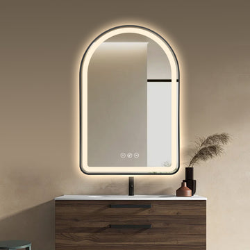 Miroir intelligent Gloviea avec cadre noir brossé et éclairage LED intégré, intensité réglable, capteur de mouvement, anti-buée, fonction mémoire, éclairage avant et arrière