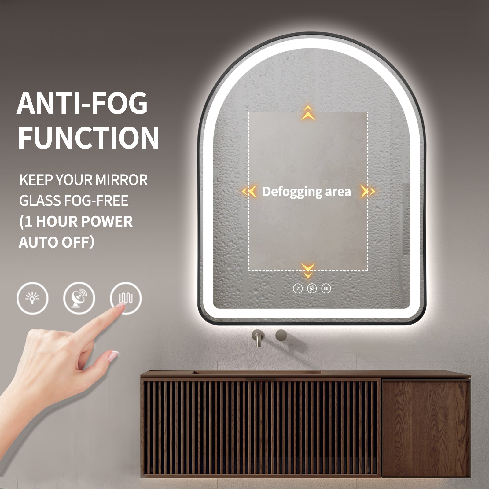 Miroir intelligent Gloviea avec cadre noir brossé et éclairage LED intégré, intensité réglable, capteur de mouvement, anti-buée, fonction mémoire, éclairage avant et arrière