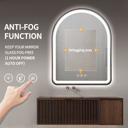 Gloviea Brushed Black Framed Arched LED Bathroom Mirror | Front &amp; Backlit, Anti-Fog, Motion Sensor