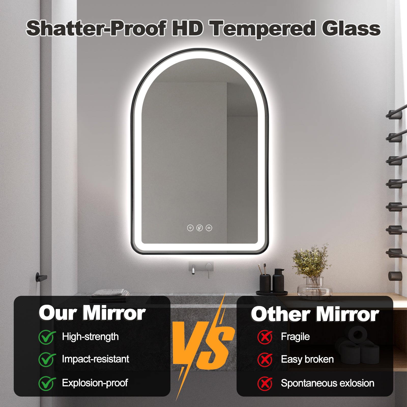 Miroir intelligent Gloviea avec cadre noir brossé et éclairage LED intégré, intensité réglable, capteur de mouvement, anti-buée, fonction mémoire, éclairage avant et arrière