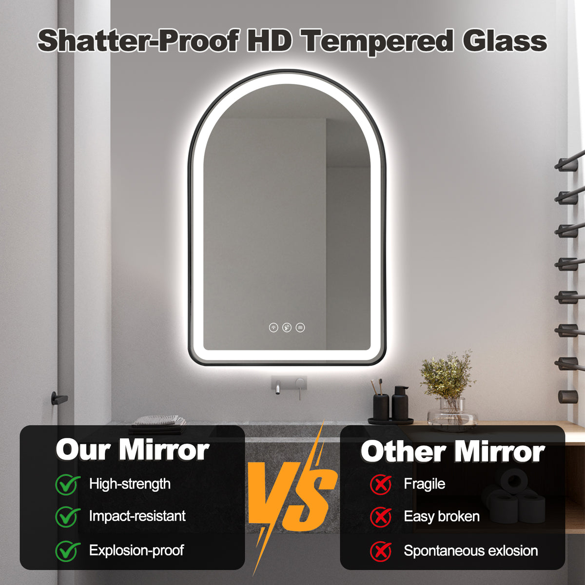 Gloviea Brushed Black Framed Arched LED Bathroom Mirror | Front &amp; Backlit, Anti-Fog, Motion Sensor