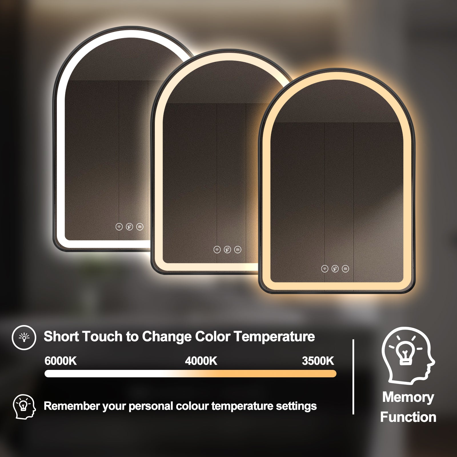 Miroir intelligent Gloviea avec cadre noir brossé et éclairage LED intégré, intensité réglable, capteur de mouvement, anti-buée, fonction mémoire, éclairage avant et arrière