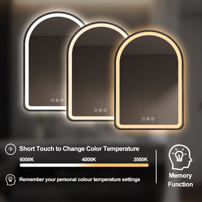Gloviea Brushed Black Framed Arched LED Bathroom Mirror | Front &amp; Backlit, Anti-Fog, Motion Sensor