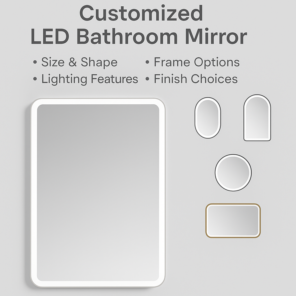 Miroir de salle de bain LED personnalisé – Dimensions, forme, cadre et fonctionnalités à votre guise