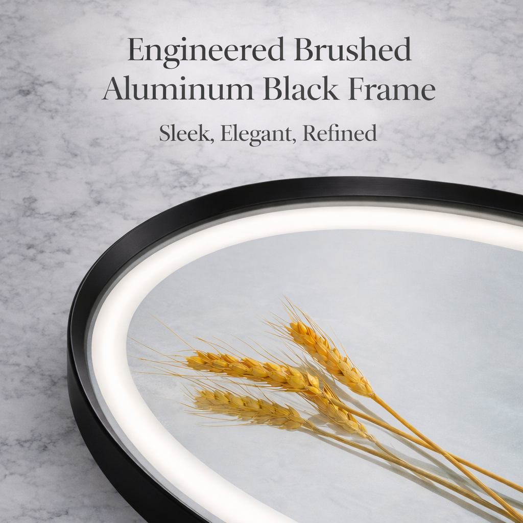 Miroir rond intelligent Gloviea à LED avec cadre noir brossé, éclairage dimmable et luminosité réglable, capteur de mouvement, anti-buée, fonction mémoire, éclairage avant et arrière