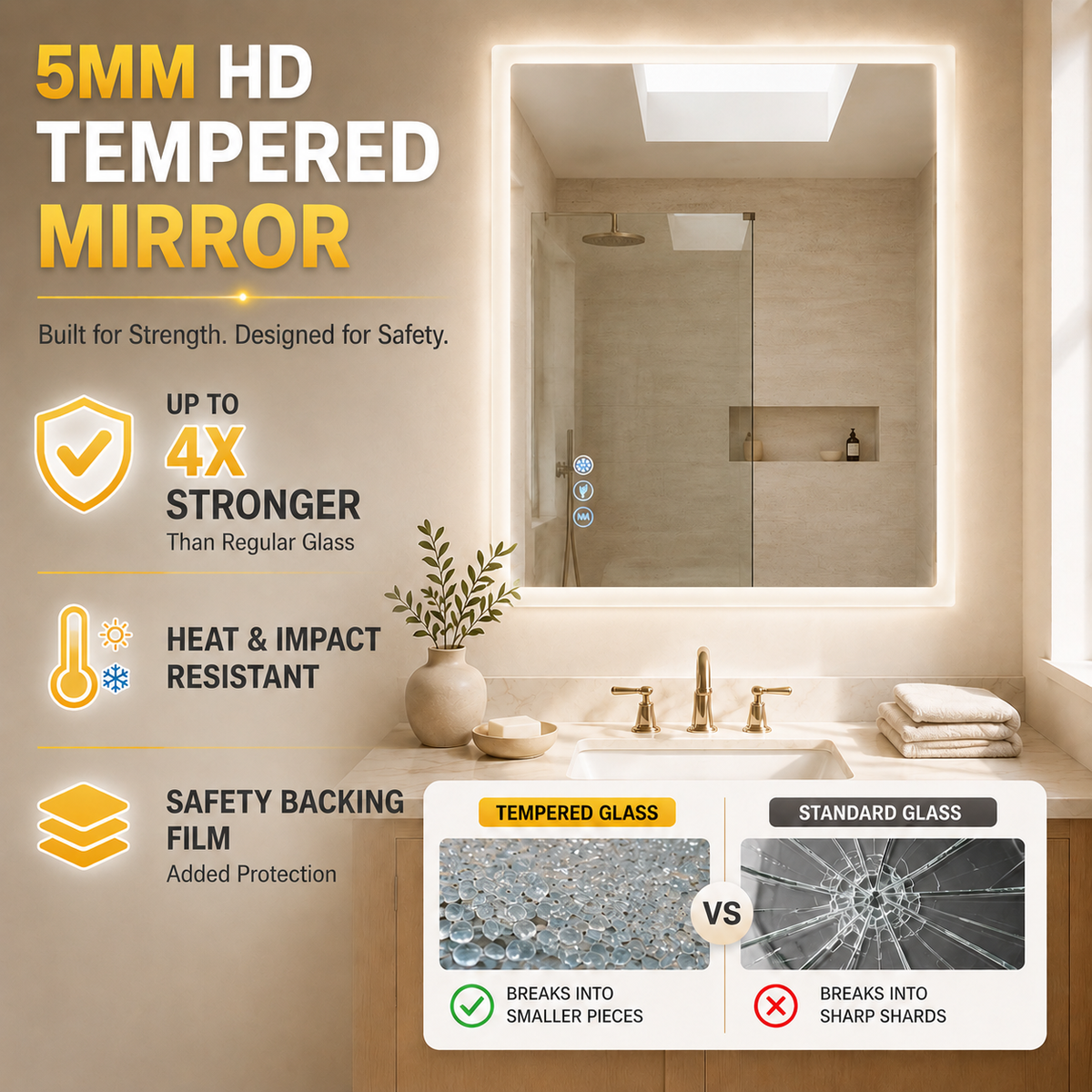 Gloviea Rectangular LED Bathroom Mirror – Full Frosted Edge | Front Glow + Backlit, Anti-Fog & Motion Sensor