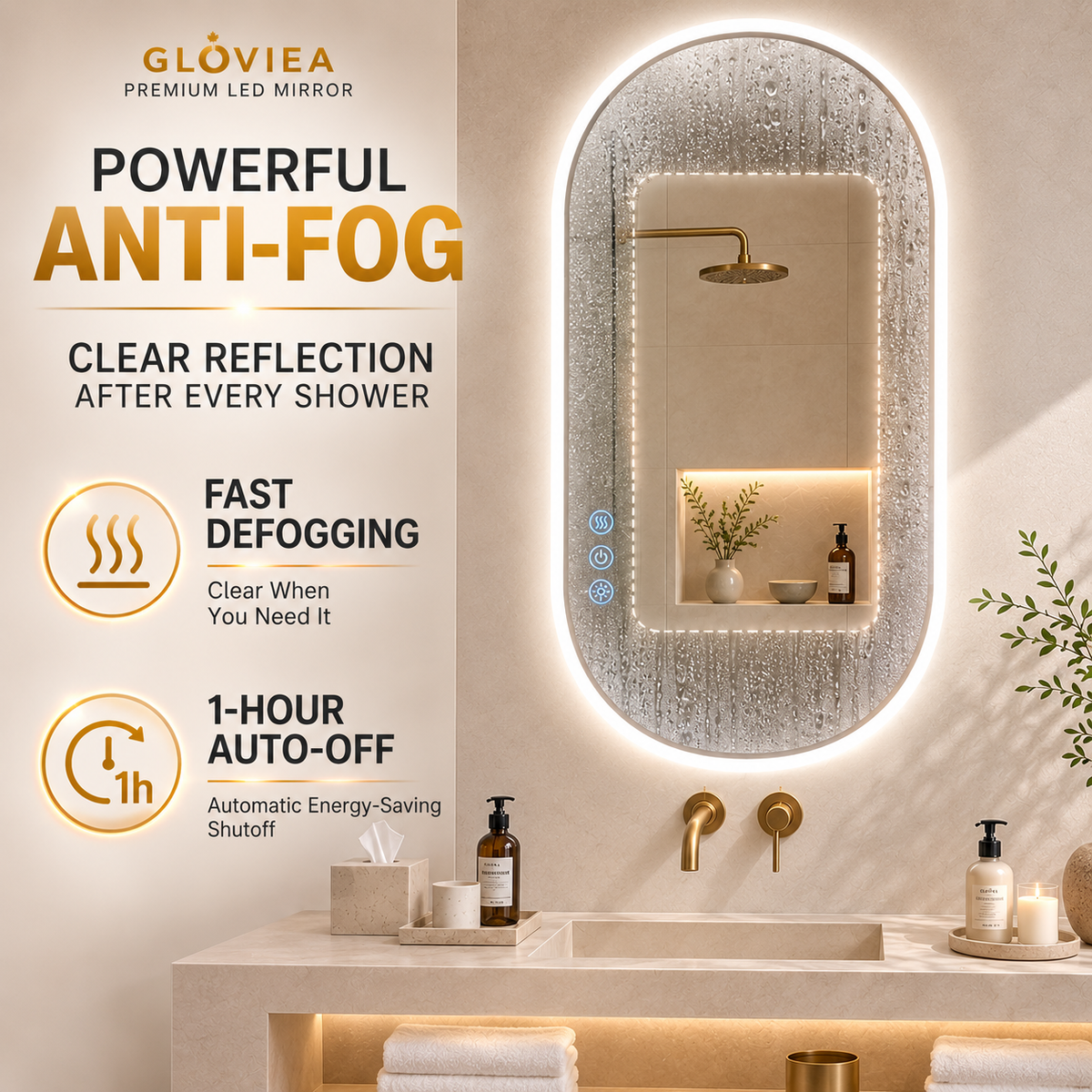 Gloviea Oval LED Bathroom Mirror | Front & Backlit | Polished Edge, Anti-Fog, Motion Sensor
