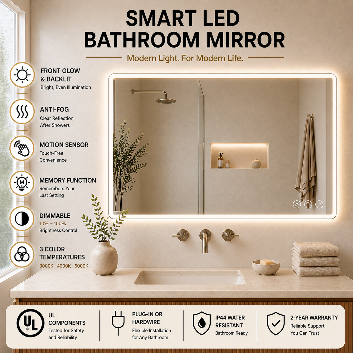 Gloviea Rectangular LED Bathroom Mirror – Mirror Border | Front Glow + Backlit, Anti-Fog & Motion Sensor