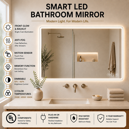 Gloviea Rectangular LED Bathroom Mirror – Mirror Border | Front Glow + Backlit, Anti-Fog &amp; Motion Sensor