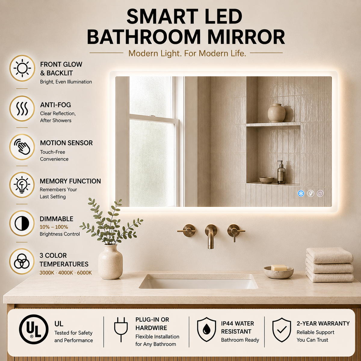 Gloviea Rectangular LED Bathroom Mirror – Full Frosted Edge | Front Glow + Backlit, Anti-Fog & Motion Sensor