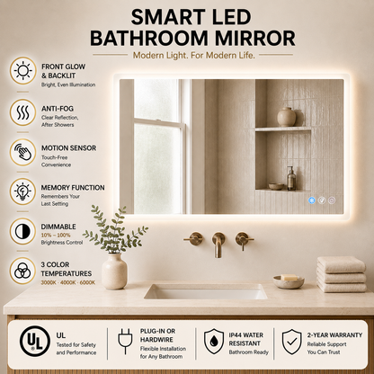 Gloviea Rectangular LED Bathroom Mirror – Full Frosted Edge | Front Glow + Backlit, Anti-Fog &amp; Motion Sensor