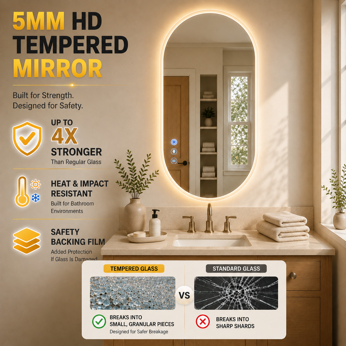 Gloviea Oval LED Bathroom Mirror | Front & Backlit | Polished Edge, Anti-Fog, Motion Sensor
