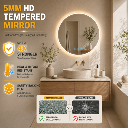 Gloviea Round LED Bathroom Mirror | Front &amp; Backlit | Full Frosted Edge, Anti-Fog, Motion Sensor