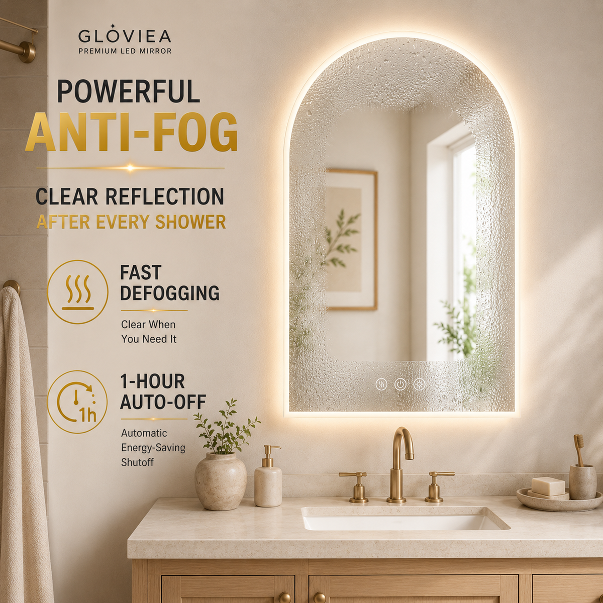 Gloviea Arched LED Bathroom Mirror – Full Frosted Edge | Front Glow + Backlit, Anti-Fog & Motion Sensor