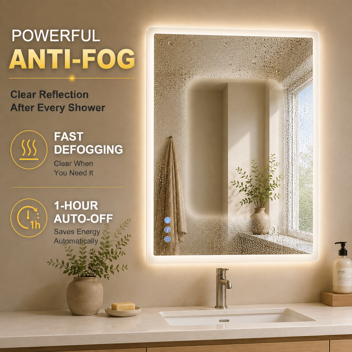 Gloviea Rectangular LED Bathroom Mirror – Full Frosted Edge | Front Glow + Backlit, Anti-Fog & Motion Sensor