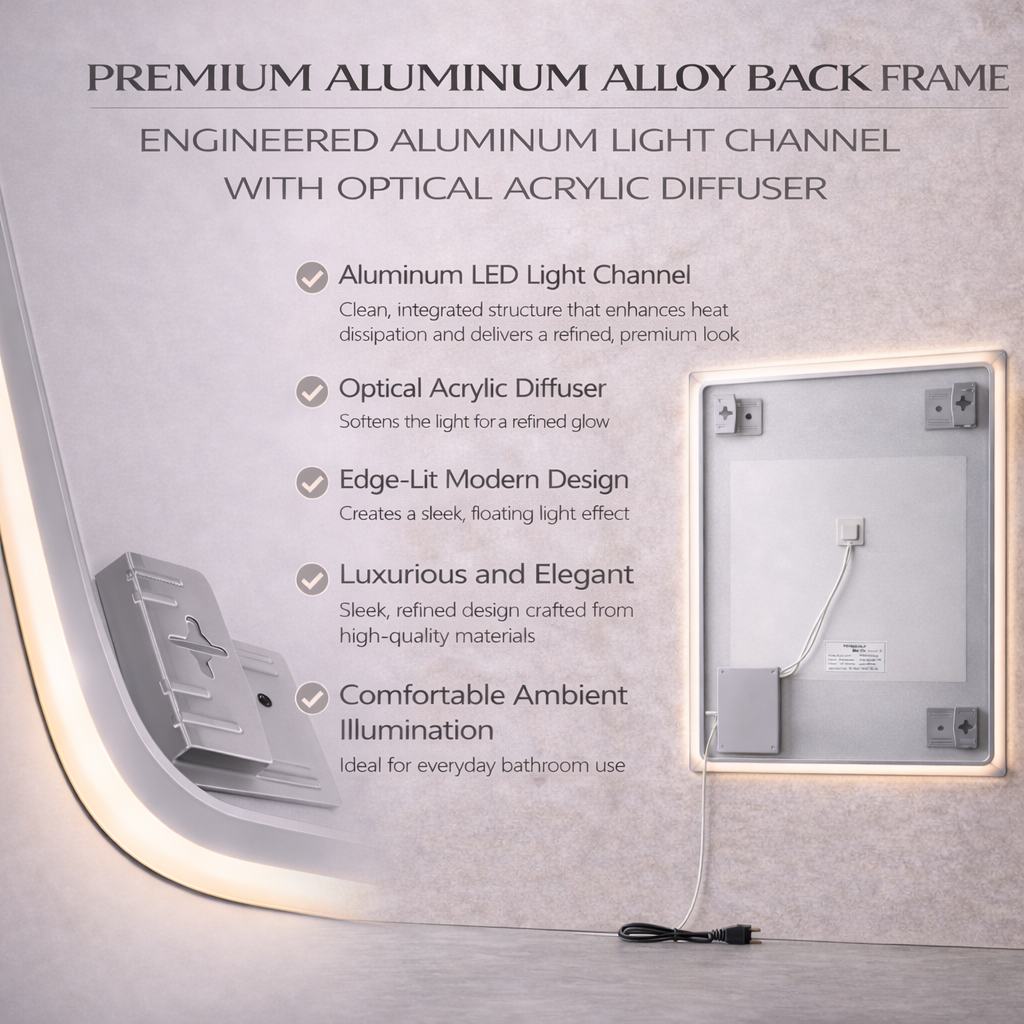 Miroir intelligent LED rectangulaire Gloviea avec lumières – Éclairage avant et arrière, haut-parleur Bluetooth, anti-buée