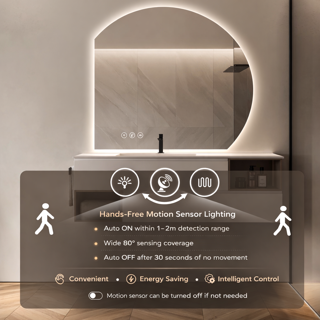 Miroir intelligent LED demi-cercle Gloviea avec lumières, intensité variable et luminosité réglable, capteur de mouvement, anti-buée, fonction mémoire, design rétroéclairé (coupe inférieure droite/gauche)