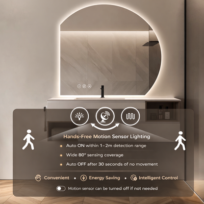Gloviea Semi-Circle LED Bathroom Mirror | Backlit, Anti-Fog, Motion Sensor