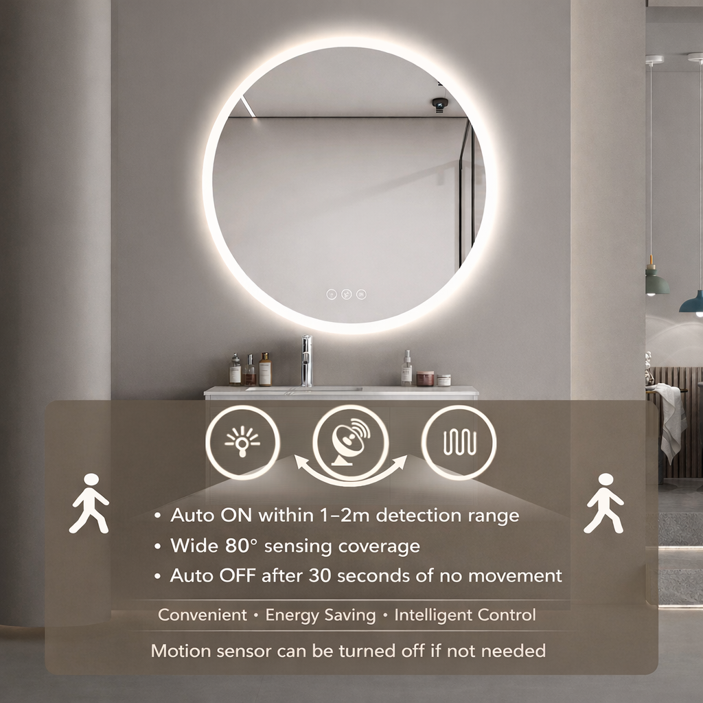 Miroir intelligent rond Gloviea à LED avec lumières, intensité variable et luminosité réglable, capteur de mouvement, anti-buée, fonction mémoire, éclairage avant et arrière, design à bords polis