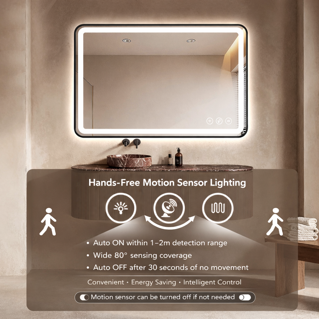 Gloviea Miroir LED intelligent rectangulaire à cadre noir brossé avec lumières, intensité et luminosité réglables, capteur de mouvement, anti-buée, fonction mémoire, design rétroéclairé