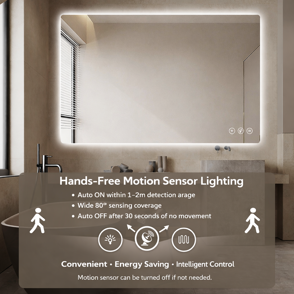Miroir intelligent rectangulaire à LED Gloviea avec éclairage, intensité et luminosité réglables, capteur de mouvement, anti-buée, fonction mémoire, rétroéclairé