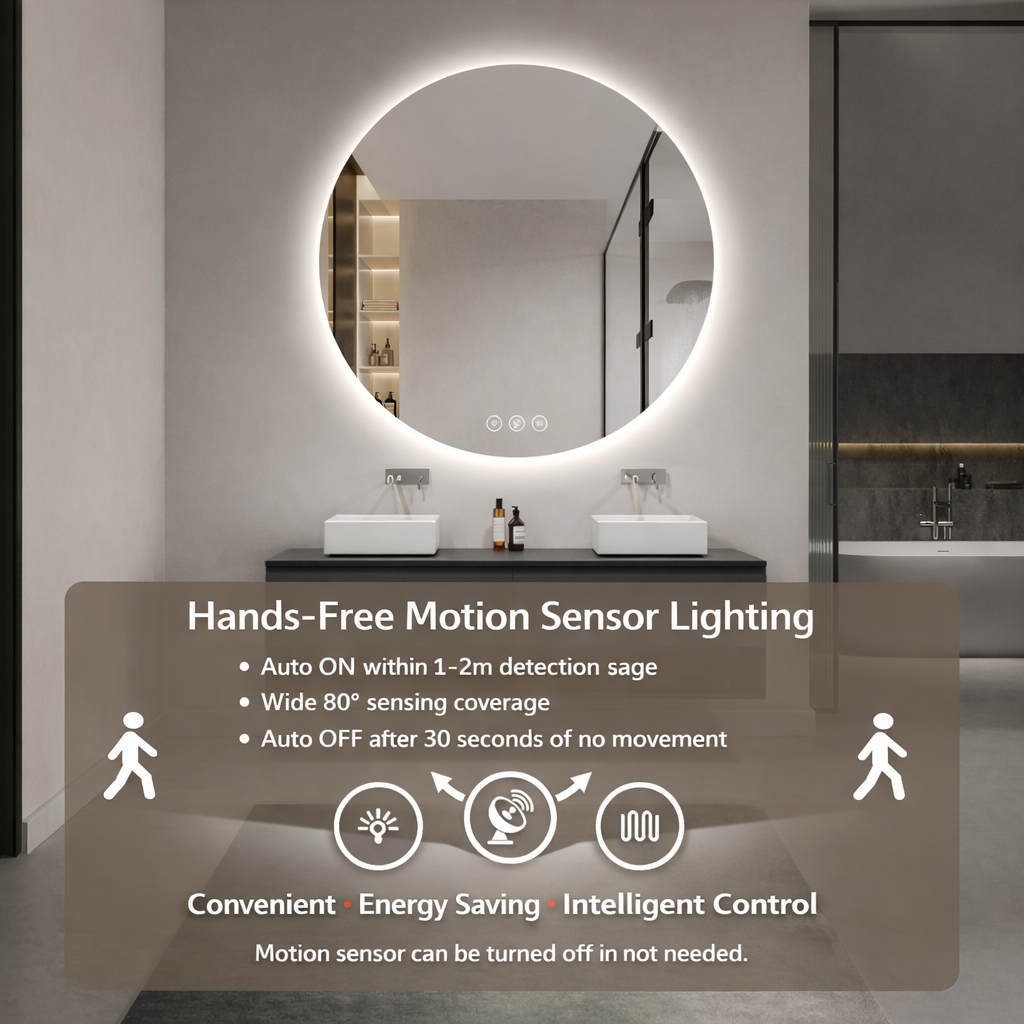 Miroir intelligent rond Gloviea à LED avec lumières, intensité variable et luminosité réglable, capteur de mouvement, anti-buée, fonction mémoire, design rétroéclairé
