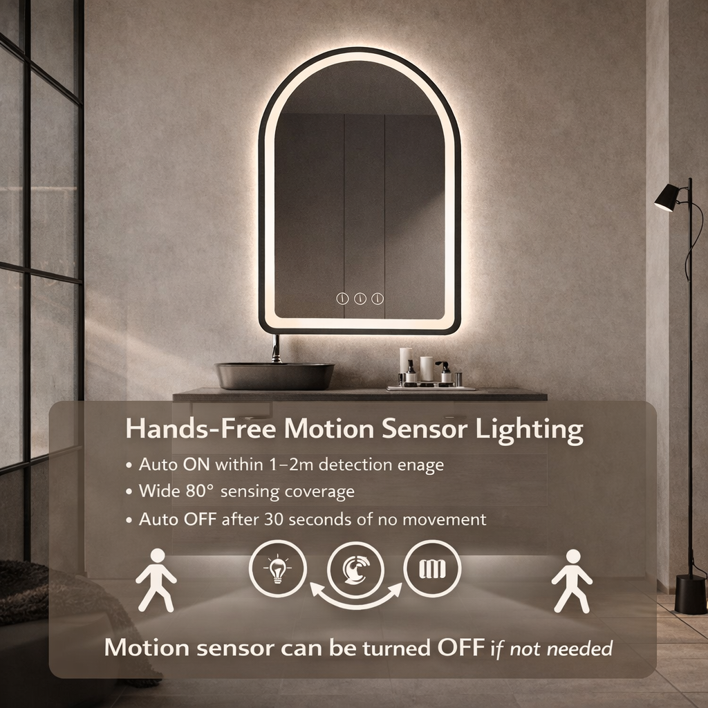 Miroir intelligent Gloviea avec cadre noir brossé et éclairage LED intégré, intensité réglable, capteur de mouvement, anti-buée, fonction mémoire, éclairage avant et arrière
