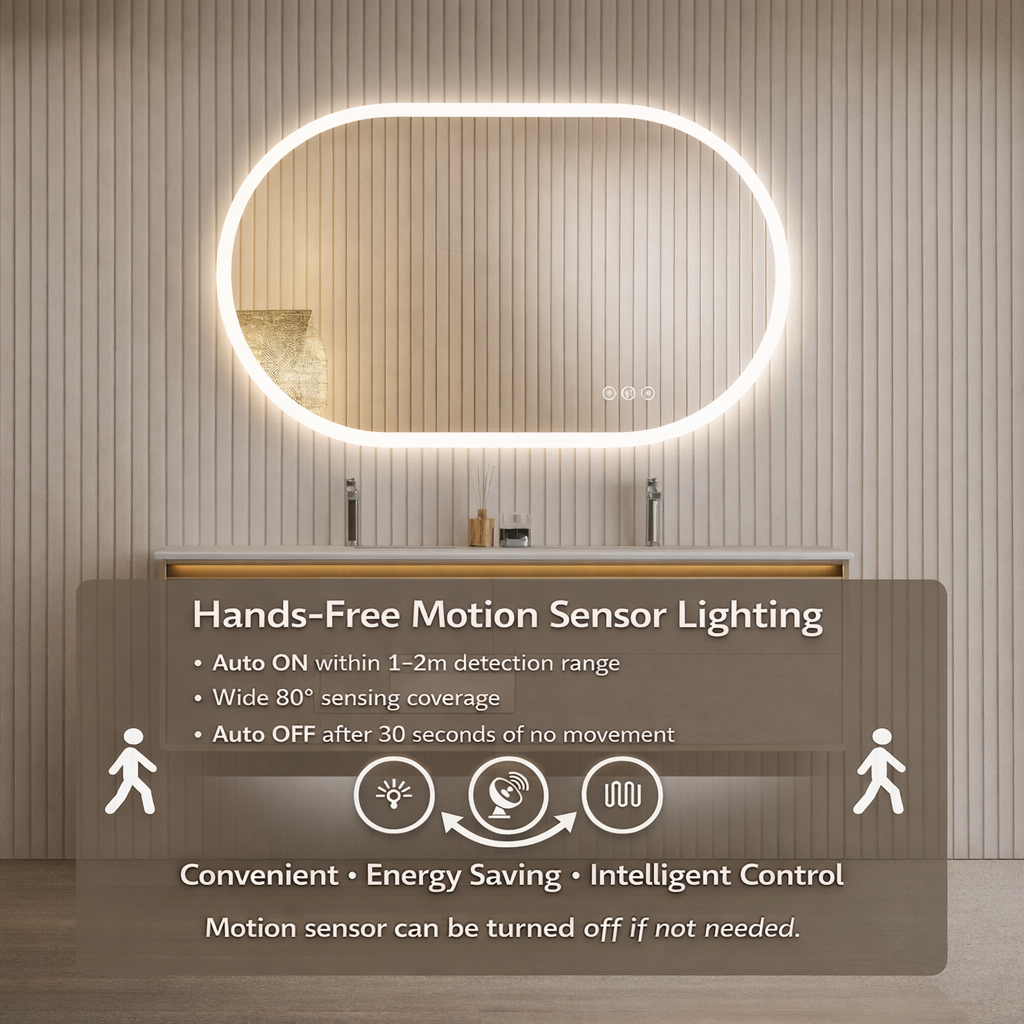 Miroir intelligent ovale LED Gloviea avec éclairage, intensité et luminosité réglables, capteur de mouvement, fonction antibuée, fonction mémoire, éclairage avant et arrière