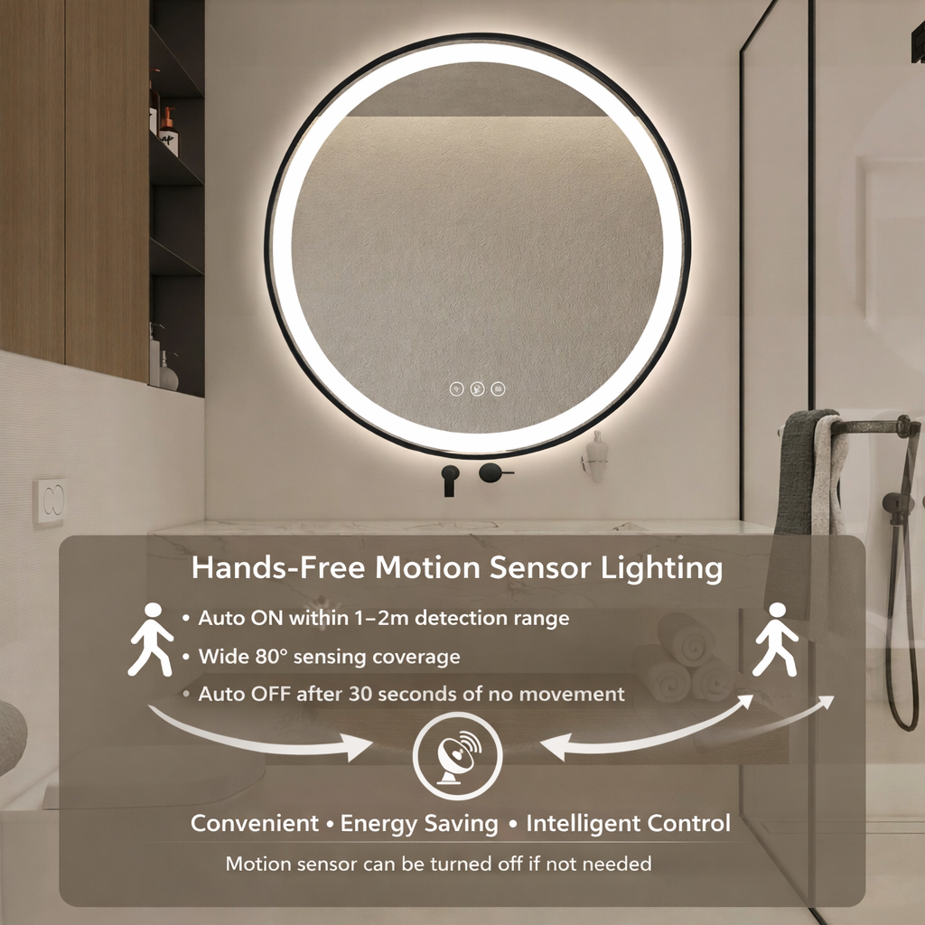 Miroir rond intelligent Gloviea à LED avec cadre noir brossé, éclairage dimmable et luminosité réglable, capteur de mouvement, anti-buée, fonction mémoire, éclairage avant et arrière