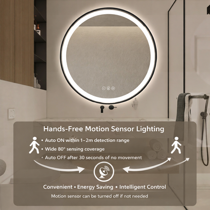 Gloviea Brushed Black Framed Round LED Bathroom Mirror | Front &amp; Backlit, Anti-Fog, Motion Sensor