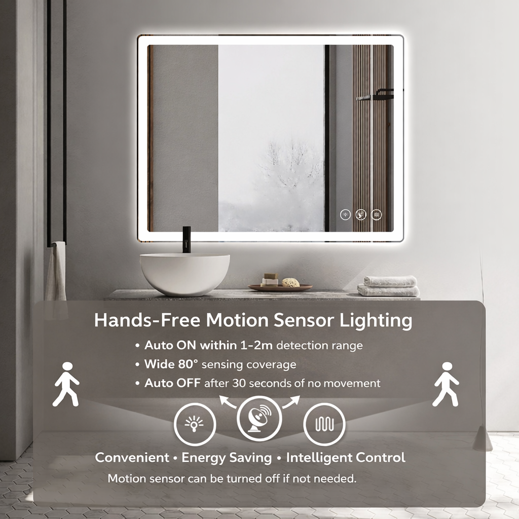 Miroir intelligent rectangulaire à LED Gloviea avec lumières, luminosité réglable et dimmable, détecteur de mouvement, anti-buée, fonction mémoire, éclairage avant et arrière