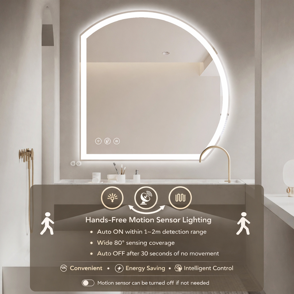 Miroir intelligent LED semi-circulaire Gloviea avec lumières, luminosité réglable et graduable, capteur de mouvement, anti-buée, fonction mémoire, design rétroéclairé avant et arrière (découpe droite/gauche)
